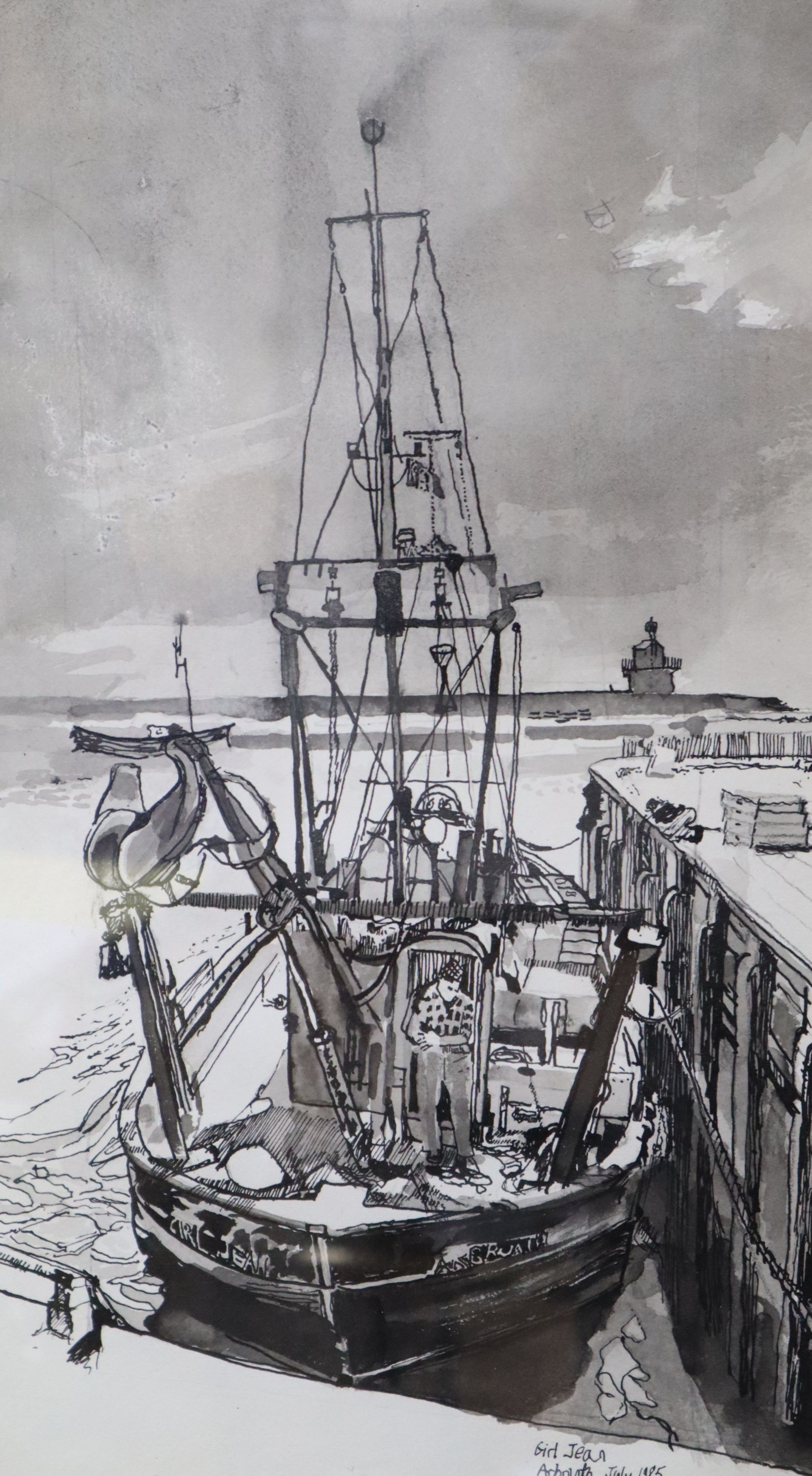 Joe Head, ink and wash, Study of a fishing boat Girl Jean, signed and dated 1985, 38 x 22cm